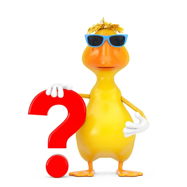 Cute Yellow Cartoon Duck Persona Personaje Mascota Con Red Question —  Fotos de Stock