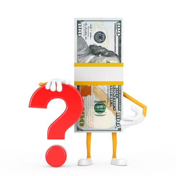 Stack One Hundred Dollar Bills Person Character Mascot Red Question — 스톡 사진