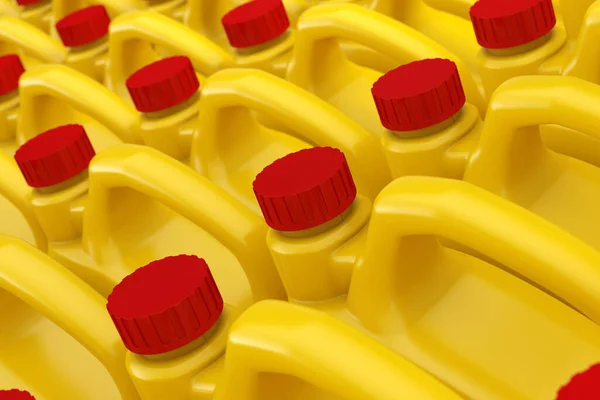 Fila Recipientes Plástico Amarillo Líquido Químico Con Tapón Rojo Mockup — Foto de Stock
