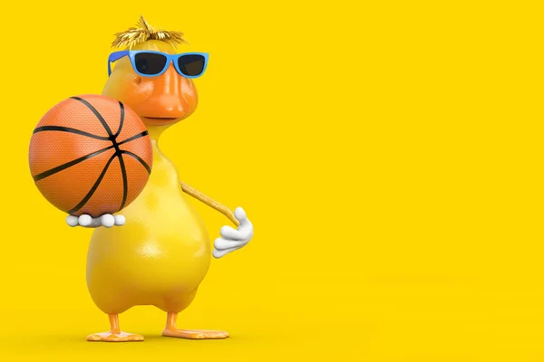Cute Yellow Cartoon Duck Person Character Mascot with Basketball Ball on a white background. 3d Rendering