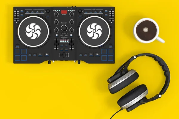 Mixing Turntable Com Fone Ouvido Xícara Café Fundo Amarelo Renderização — Fotografia de Stock