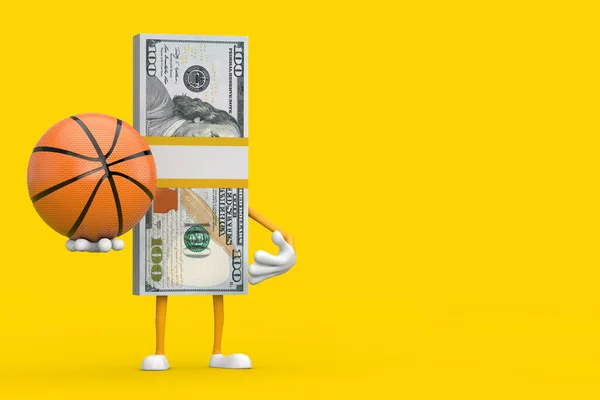 Mascotte Personnage Cent Dollar Bills Avec Ballon Basket Ball Sur — Photo