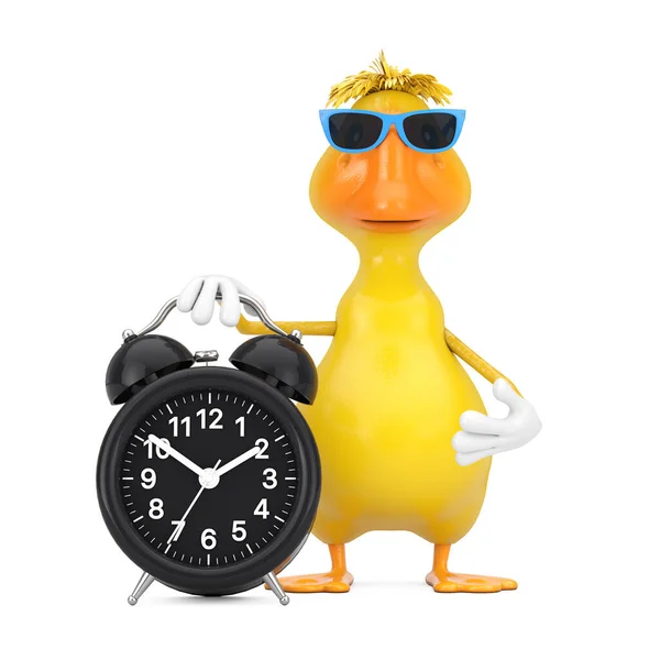 Cute Yellow Cartoon Duck Pessoa Personagem Mascote Com Despertador Fundo — Fotografia de Stock