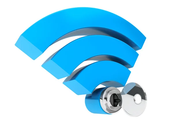 WiFi internet biztonság fogalma. 3D szimbólum wifi és kulcs — Stock Fotó