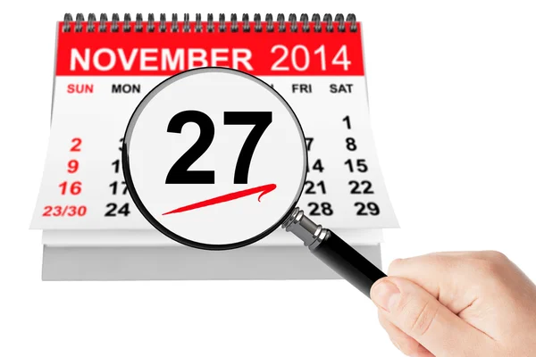Thanksgiving Day Concept. 27 November 2014 calendar with magnifi — Stock Photo, Image