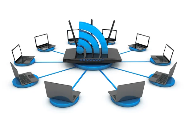 Computer portatili intorno al router WIFI — Foto Stock