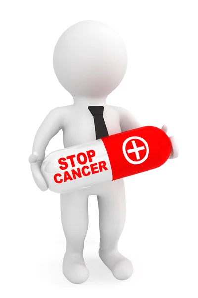3d persona tenere pillola con segno Stop Cancro — Foto Stock