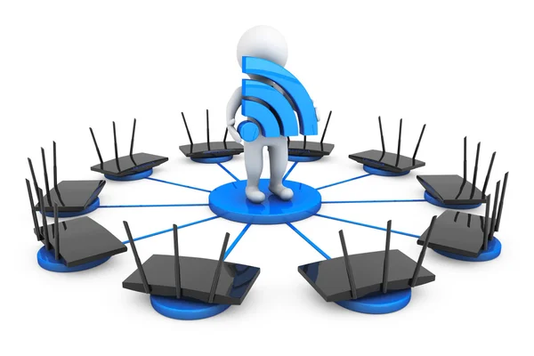 Router rund um 3D-Person mit Wi-Fi-Zeichen — Stockfoto