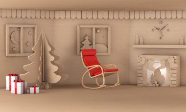 Noel ağacı yangın yer 3d render ile ev oturma odasında