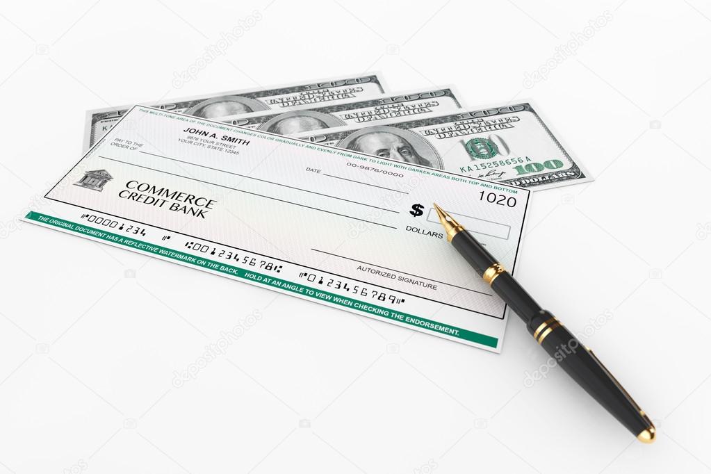 Blank Banking Check and Fountain Pen with Dollars Bills