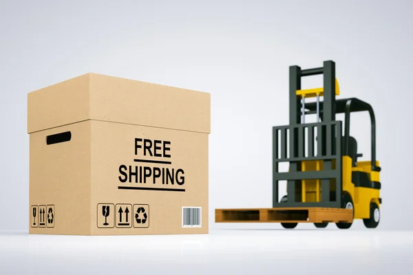 Forklift truck with Free Shipping Box and pallet — Stock Photo, Image
