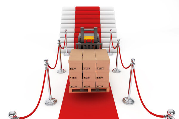 Red Carpet and Barrier Rope with Forklift and Boxes