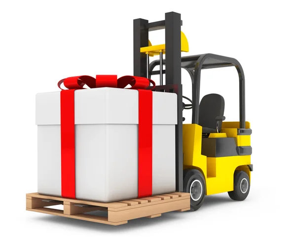 Forklift Truck moves Huge Gift Box — Stock Photo, Image