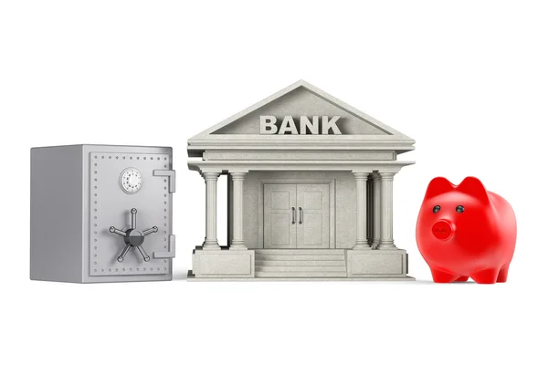 Para kavramı korumak. Kumbara, kasa ve Banka Binası — Stok fotoğraf