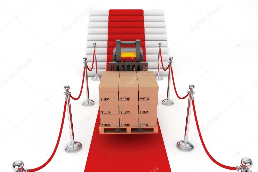 Red Carpet and Barrier Rope with Forklift and Boxes
