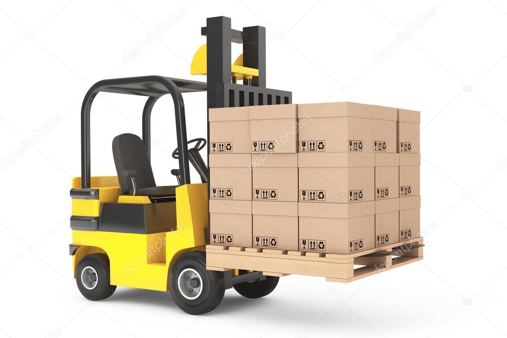 Forklift truck with boxes and pallet