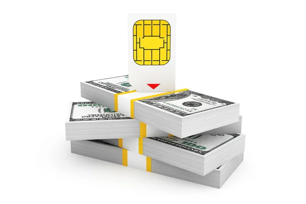 SIM κάρτα για το κινητό τηλέφωνο πάνω από τη στοίβα των λογαριασμών του δολαρίου — Φωτογραφία Αρχείου