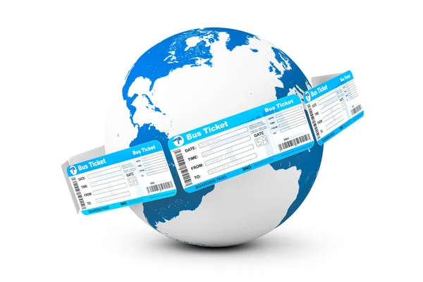 Online booking concept. Bus tickets around Earth Globe — Stock Photo, Image