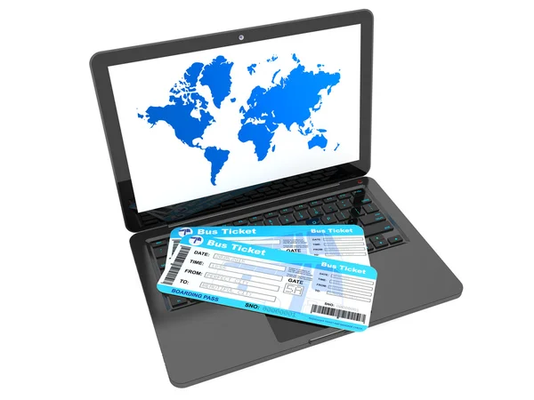 Online booking concept. Laptop with Bus tickets — Stock Photo, Image