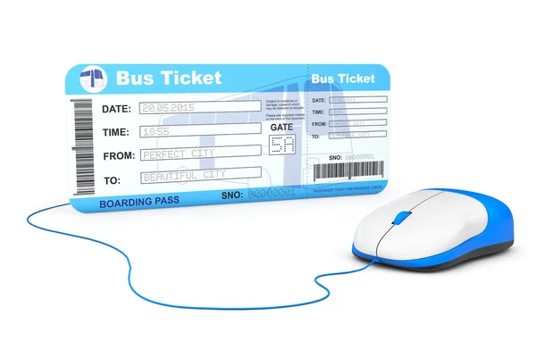 Έννοια της online κράτησης. Λεωφορείο της κάρτας επιβίβασης εισιτήριο και υπολογιστή mo — Φωτογραφία Αρχείου