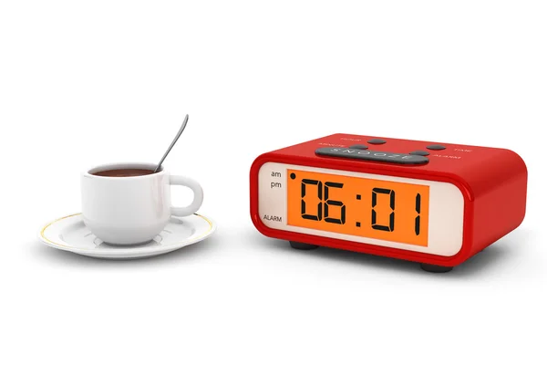 Modern Digital Alarm Clock with Coffee Cup — Stock Photo, Image