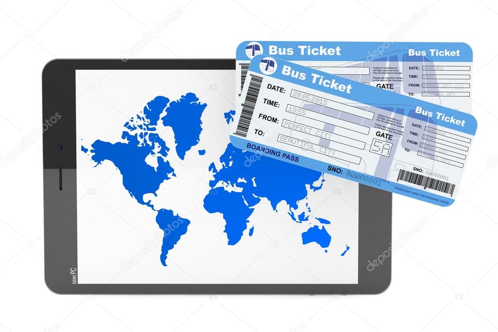 Online booking concept. Tablet PC with Bus tickets