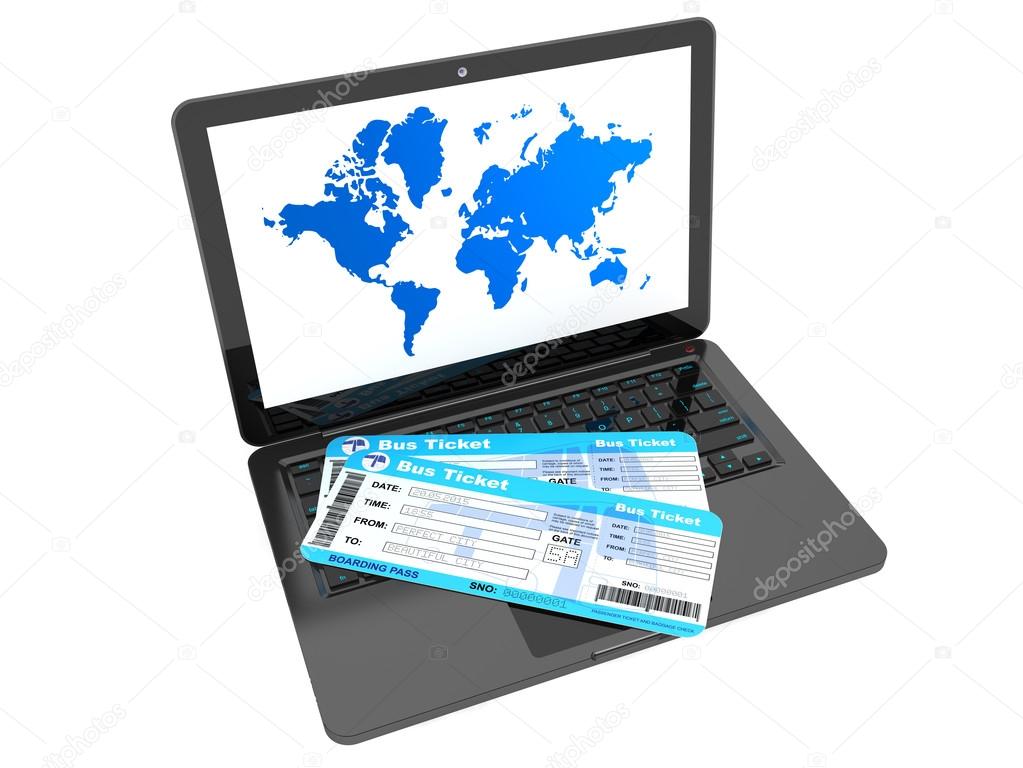 Online booking concept. Laptop with Bus tickets 