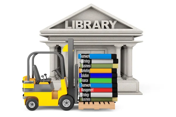 Kütüphane Binası ve kitap yığını ile Forklift — Stok fotoğraf