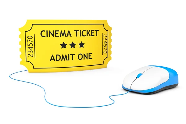 Concept van online te boeken. Geel Cinema Ticket en computer muis — Stockfoto