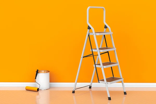 Schilderij van muren in een oranje kleur concept. Verf kan met roll — Stockfoto