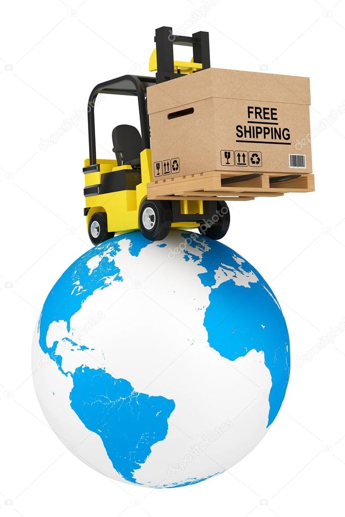 Forklift truck with Free Shipping Box over Earth Globe