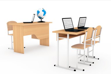 Modern Classroom Concept. School Desks with Laptops in Classroom