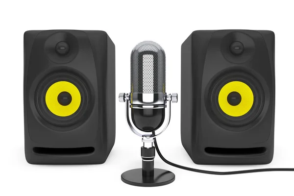 Vintage silver microphone and Audio Speakers. 3d rendering — Stock Photo, Image