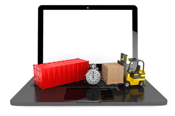 Forklift with Cardboard Boxes and Stopwatch over Laptop — Stok fotoğraf