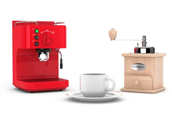 Café expreso que hace la máquina con molino de café de madera y taza — Foto de Stock
