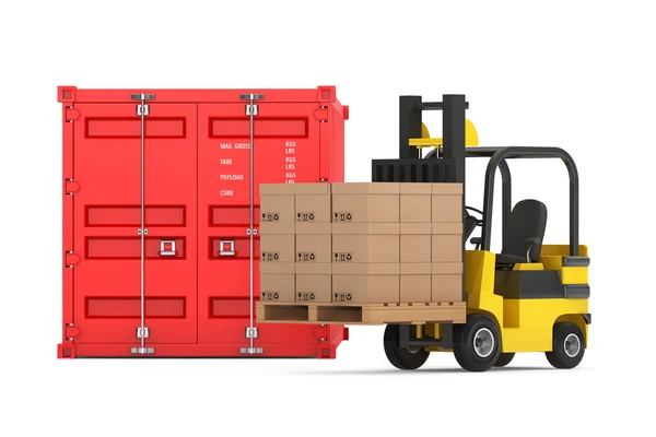 Transportation Concept. Forklift with Cardboard Boxes near Shipp — Stockfoto