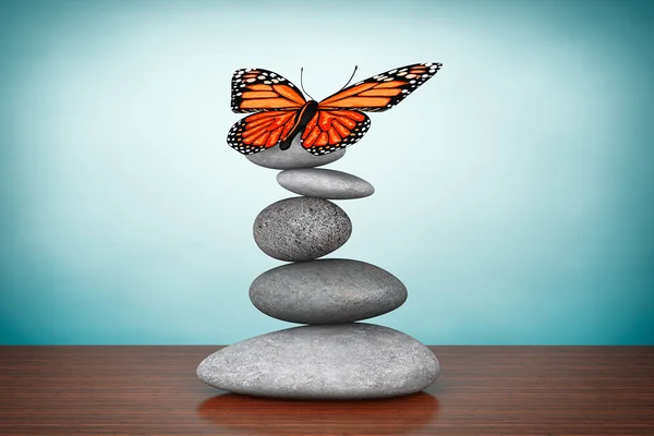 Old Style Photo. Balanced stones with butterfly — Stock Photo, Image