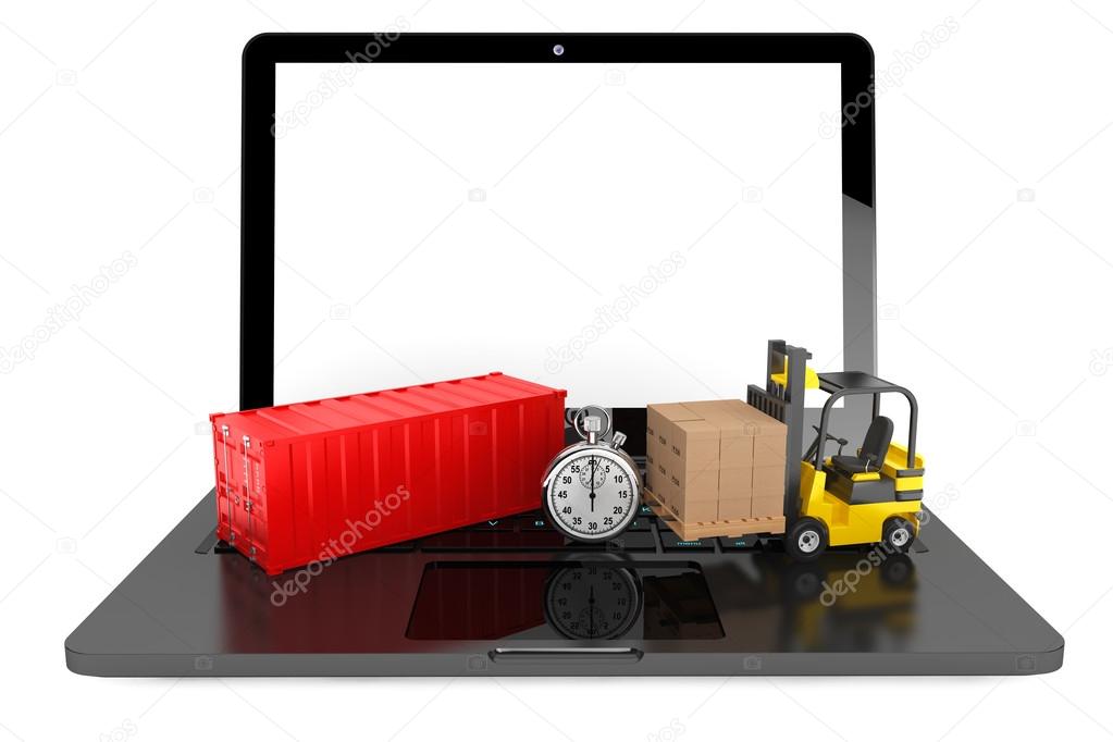 Forklift with Cardboard Boxes and Stopwatch over Laptop