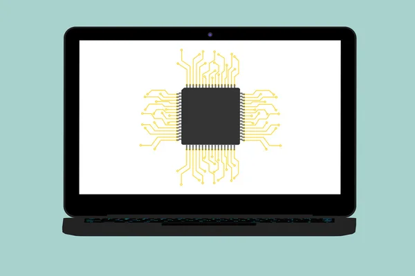 Плоска концептуальна ілюстрація мікрочипу та сучасного ноутбука — стокове фото