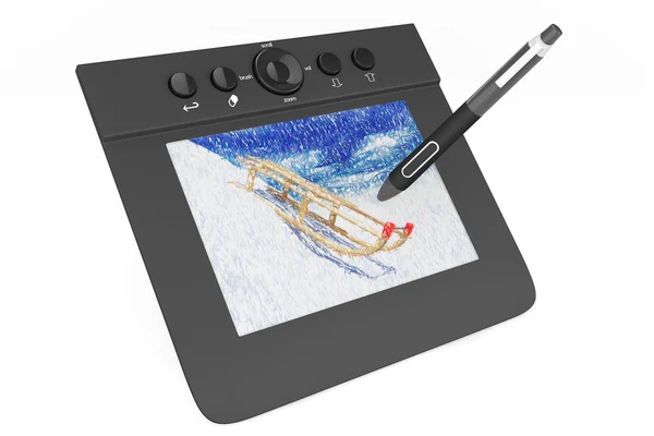 Tablette graphique numérique avec dessin au stylo et traîneaux — Photo