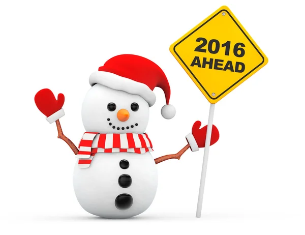 Bonhomme de neige avec 2016 Nouvel An signe Ahead — Photo