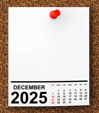 Takvim Aralık 2025 'te Boş Not Kağıdı ve Metnin İçin Boş Alan. 3d Hazırlama