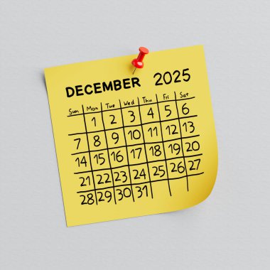 Sarı Not Kağıdı, Aralık 2025 Beyaz zemin üzerinde el yazısıyla takvim ve raptiye iğnesi. 3d Hazırlama