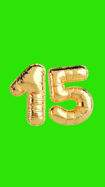 Sosyal Medya için 4k Çözünürlük Dikey Videosu: Yıldönümü Kutlaması Kavramı. Parlak Altın Balon Alfa Matte ile Yeşil Ekran Arkasında Yürüyen 15 Numara Şeklinde