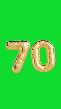 Sosyal Medya için 4k Çözünürlük Dikey Videosu: Yıldönümü Kutlaması Kavramı. Parlak Altın Balon Alfa Matte ile Yeşil Ekran Arkaplanında Yetmiş Numara Şeklinde Yürüyor