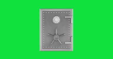 4k Çözünürlük Videosu: Güvenlik ve Koruma Konsepti. Geniş Metalik Banka Kasa Kapısı Şifreleme Kilitli Yeşil Ekran Arkaplanında Alfa Eşleşmesi ile açılıyor