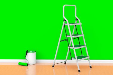 Painting of walls in a green color concept. Paint can with rolle clipart
