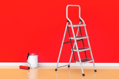 Painting of walls in a red color concept. Paint can with roller clipart
