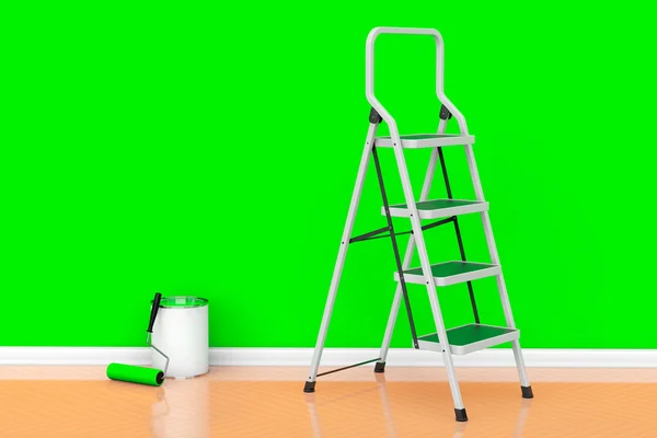 Streichen von Wänden in einem grünen Farbkonzept. Farbdose mit Rolle — Stockfoto