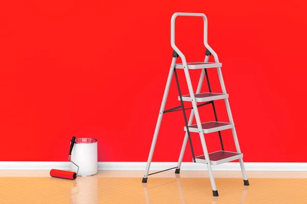 Pintura de paredes en un concepto de color rojo. Lata de pintura con rodillo — Foto de Stock